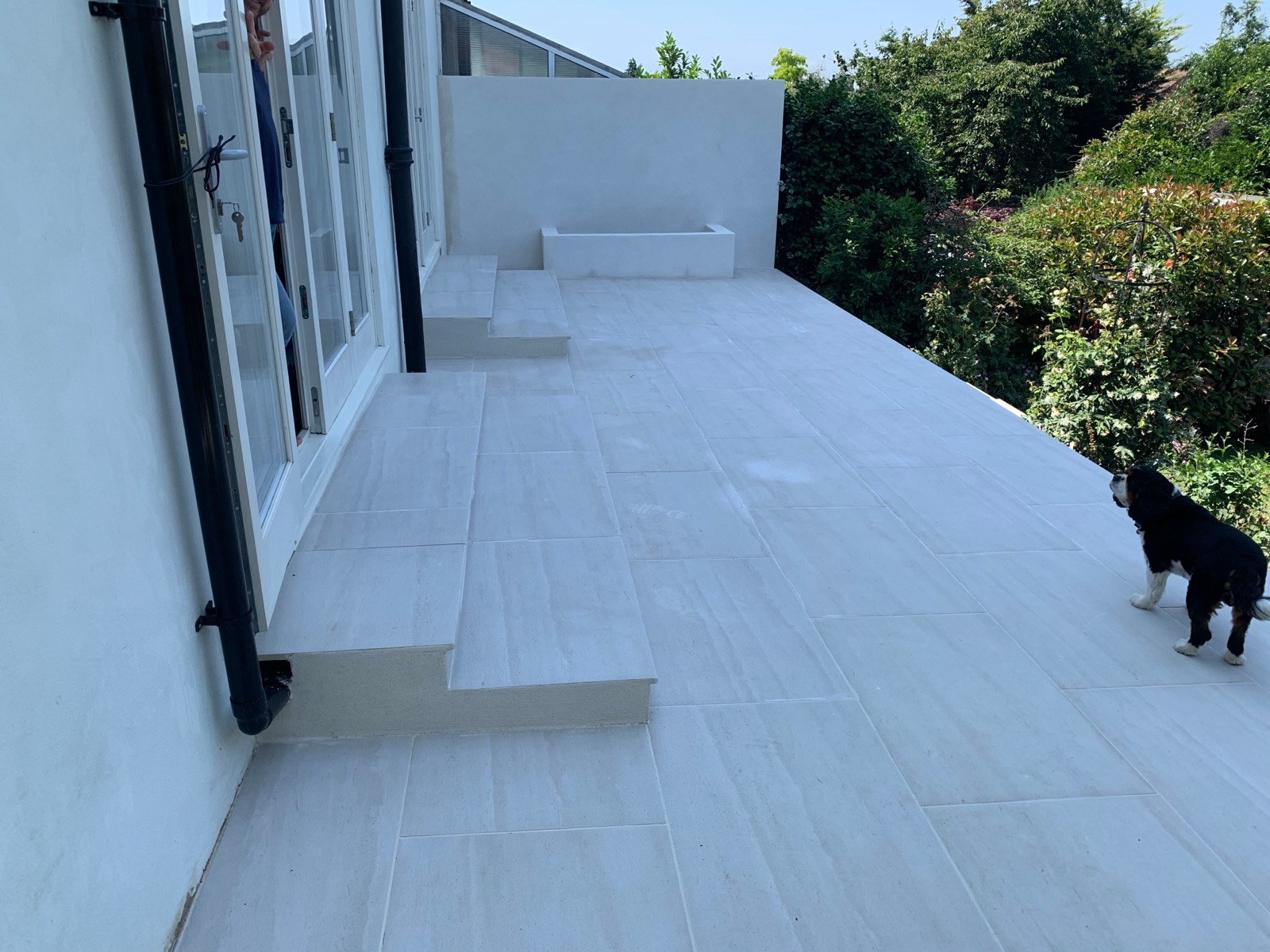 White limestone patio with steps and surrounding greenery